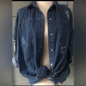 GUESS brand distressed button up denim shirt or layering jacket. Versatile Sz M